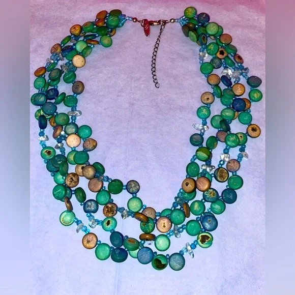 Vintage NY & Co Turquoise Abalone Shell Multi Stranded Necklace w/Clear Quartz - Picture 5 of 5